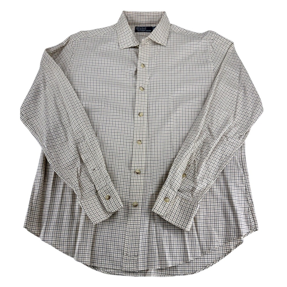 Polo Ralph Lauren Mens XL Tan Navy Micro Check Long Sleeve Button Down Shirt Top